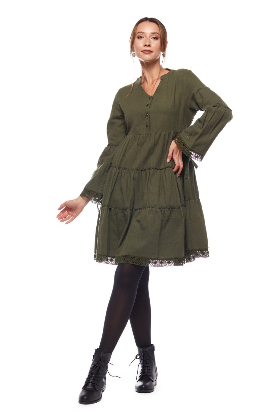 Haki Düz Desen Kısa Elbise