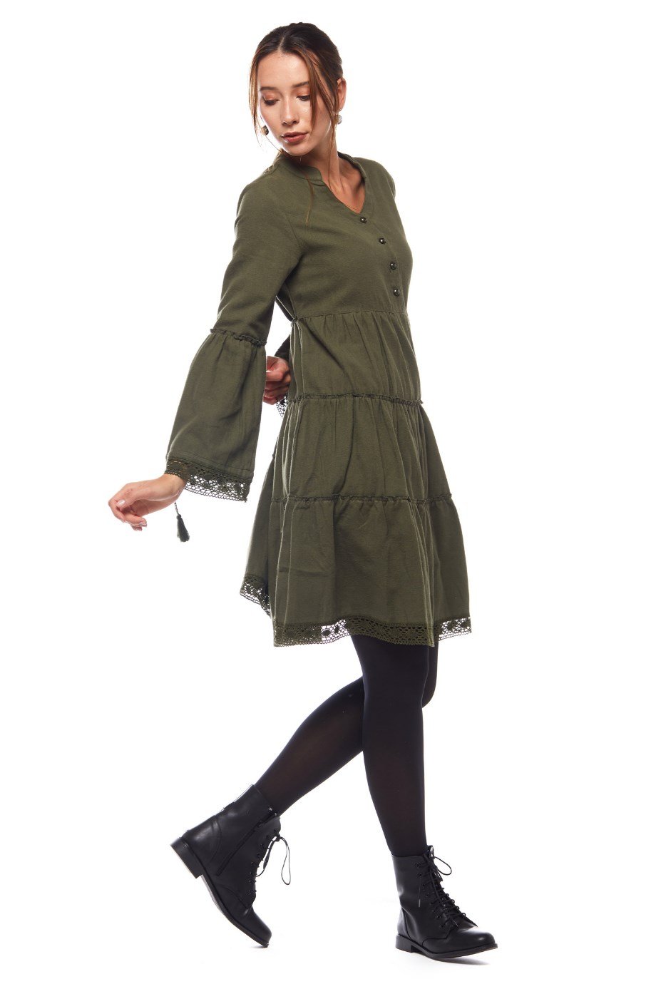 Haki Düz Desen Kısa Elbise