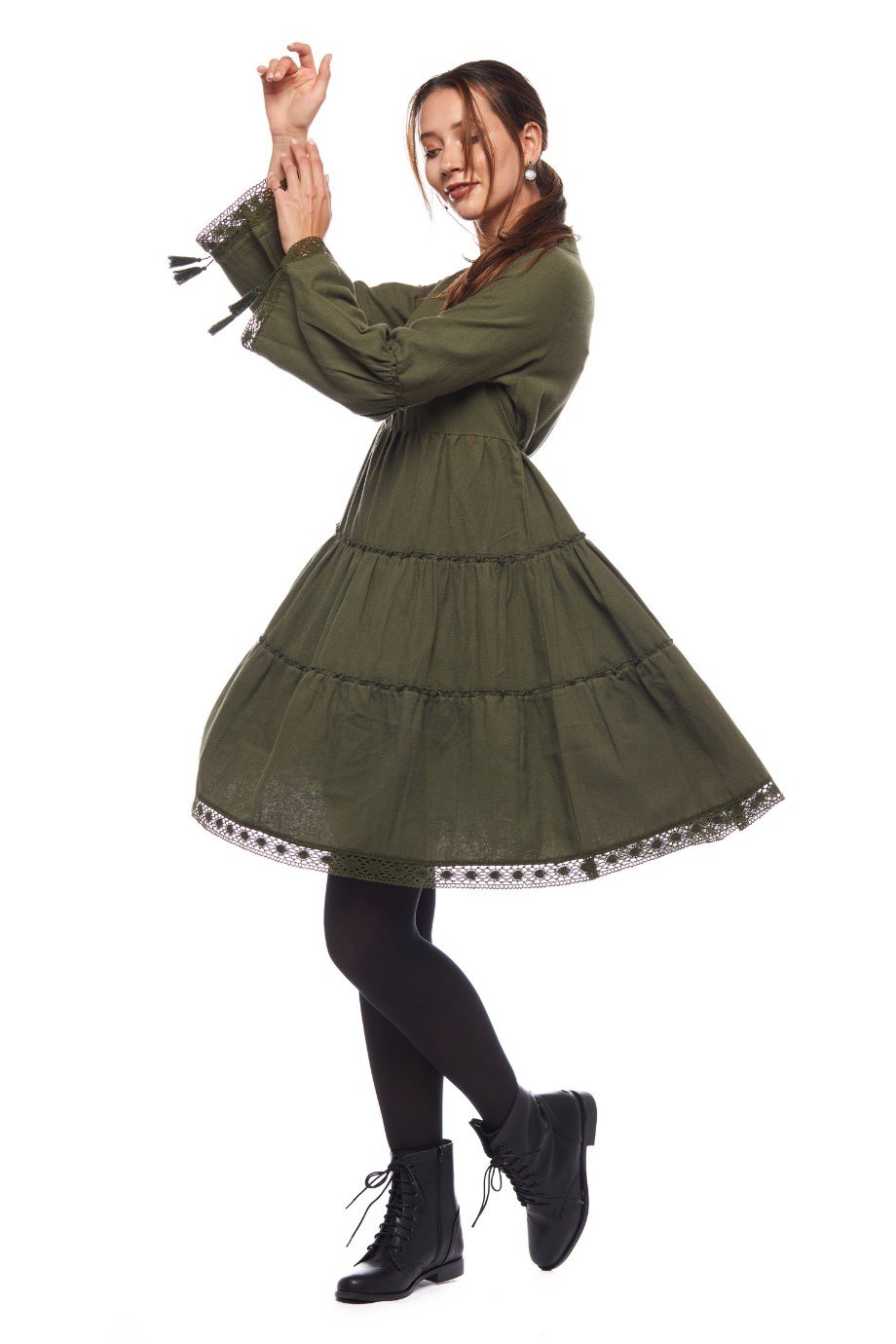 Haki Düz Desen Kısa Elbise