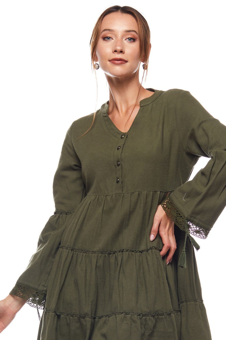 Haki Düz Desen Kısa Elbise