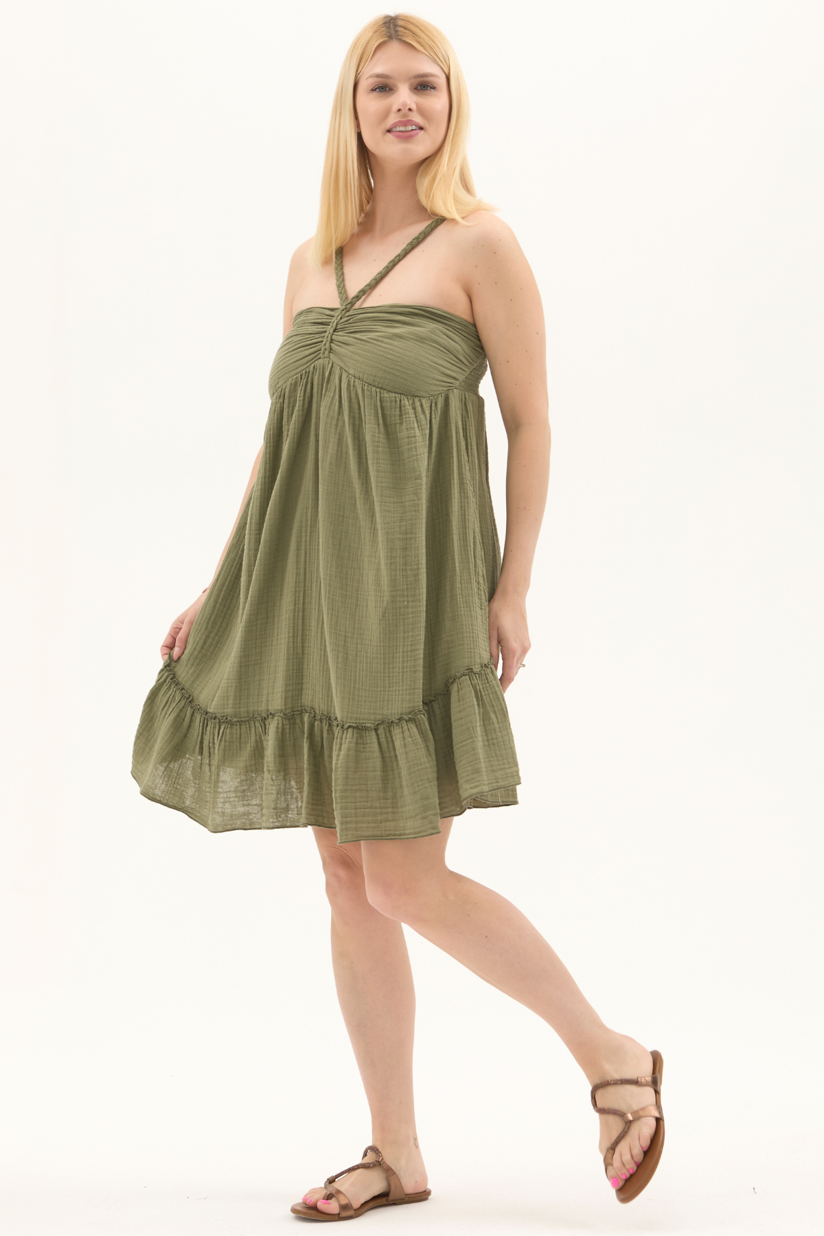Haki Müslin Boyundan Bağlamalı Kısa Yazlık Elbise