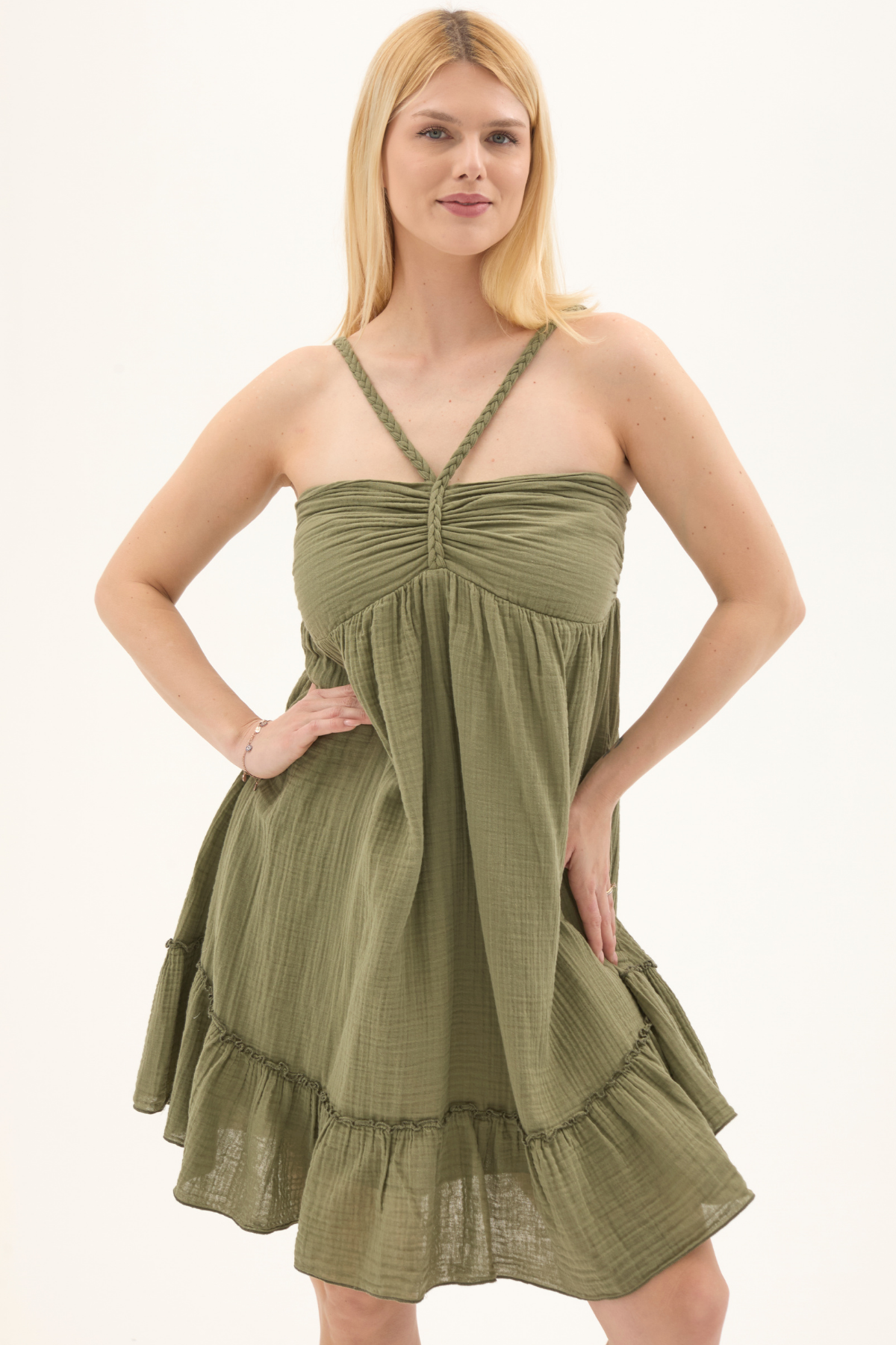 Haki Müslin Boyundan Bağlamalı Kısa Yazlık Elbise