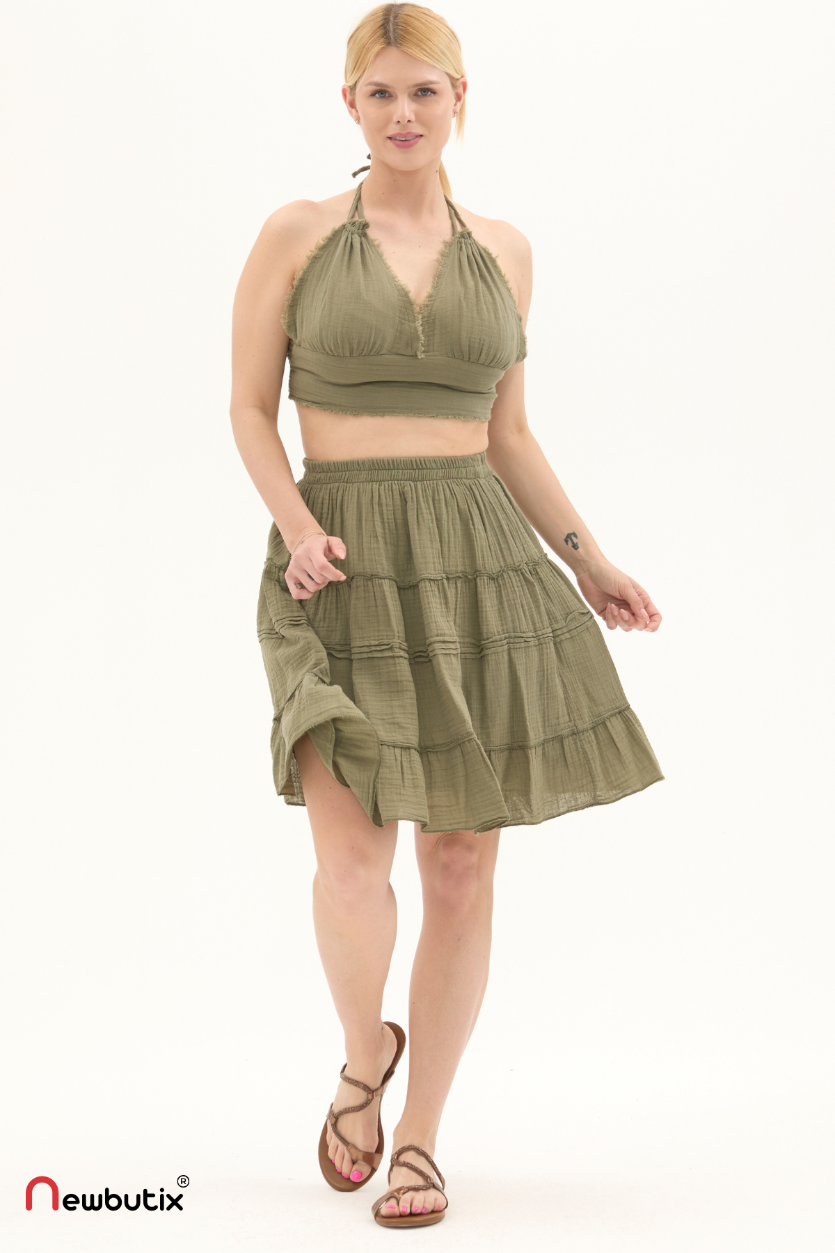 Haki Müslin Kısa Yazlık Etek