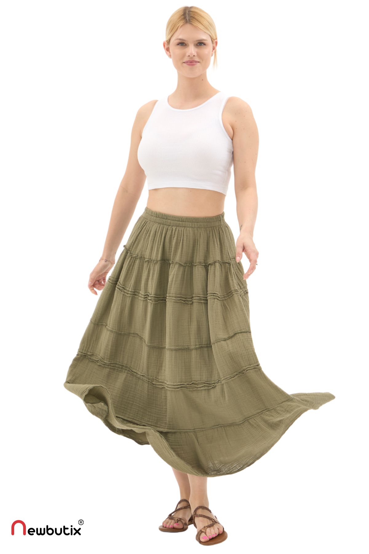 Haki Müslin Uzun Yazlık Etek