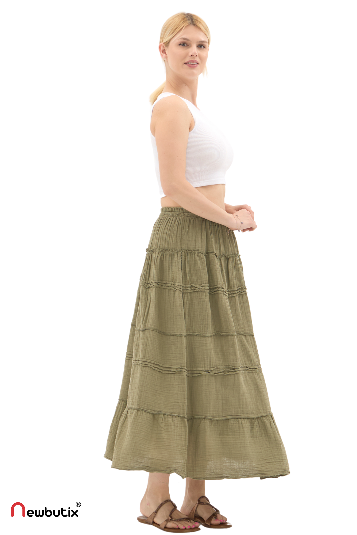 Haki Müslin Uzun Yazlık Etek