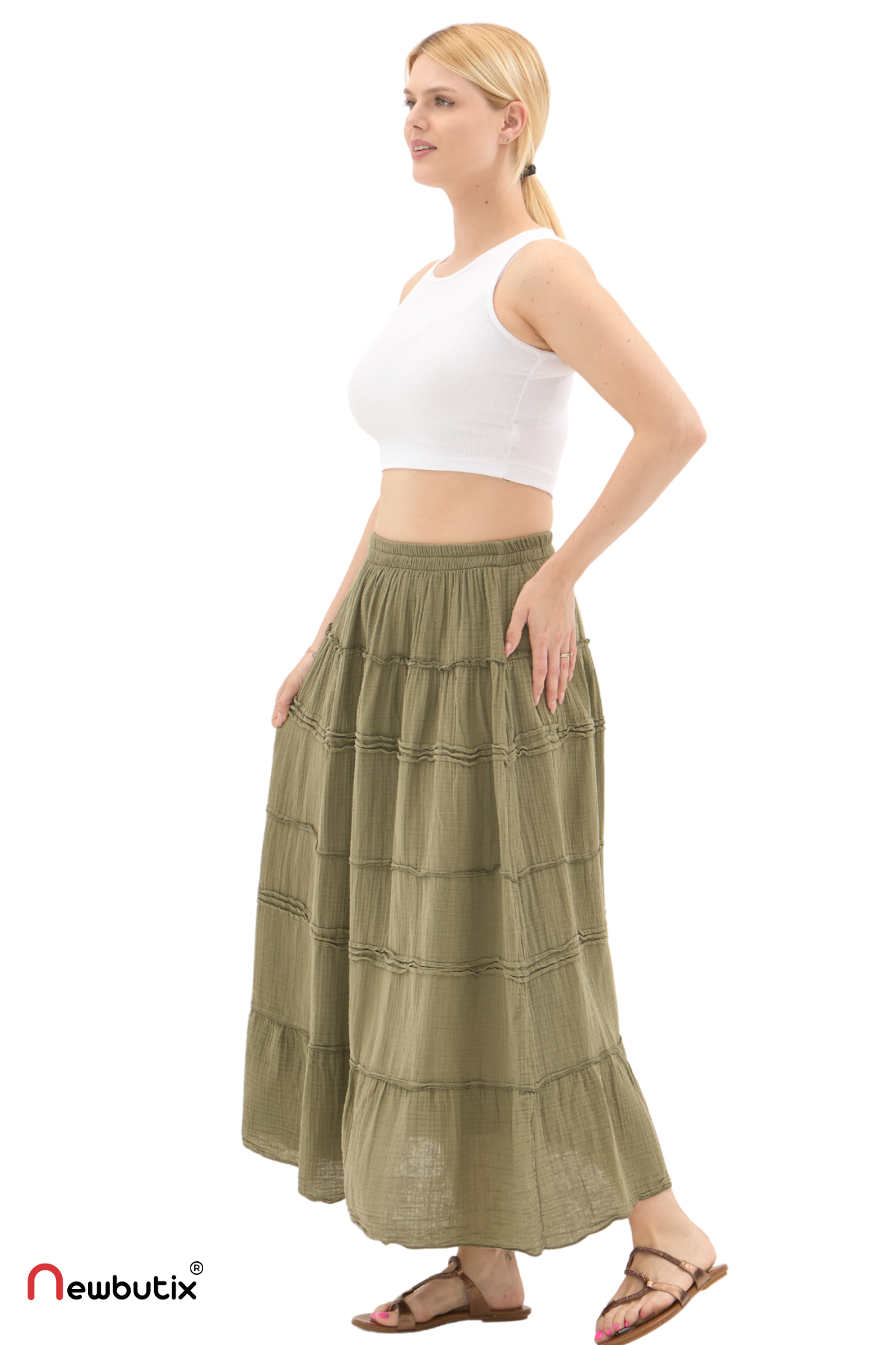 Haki Müslin Uzun Yazlık Etek