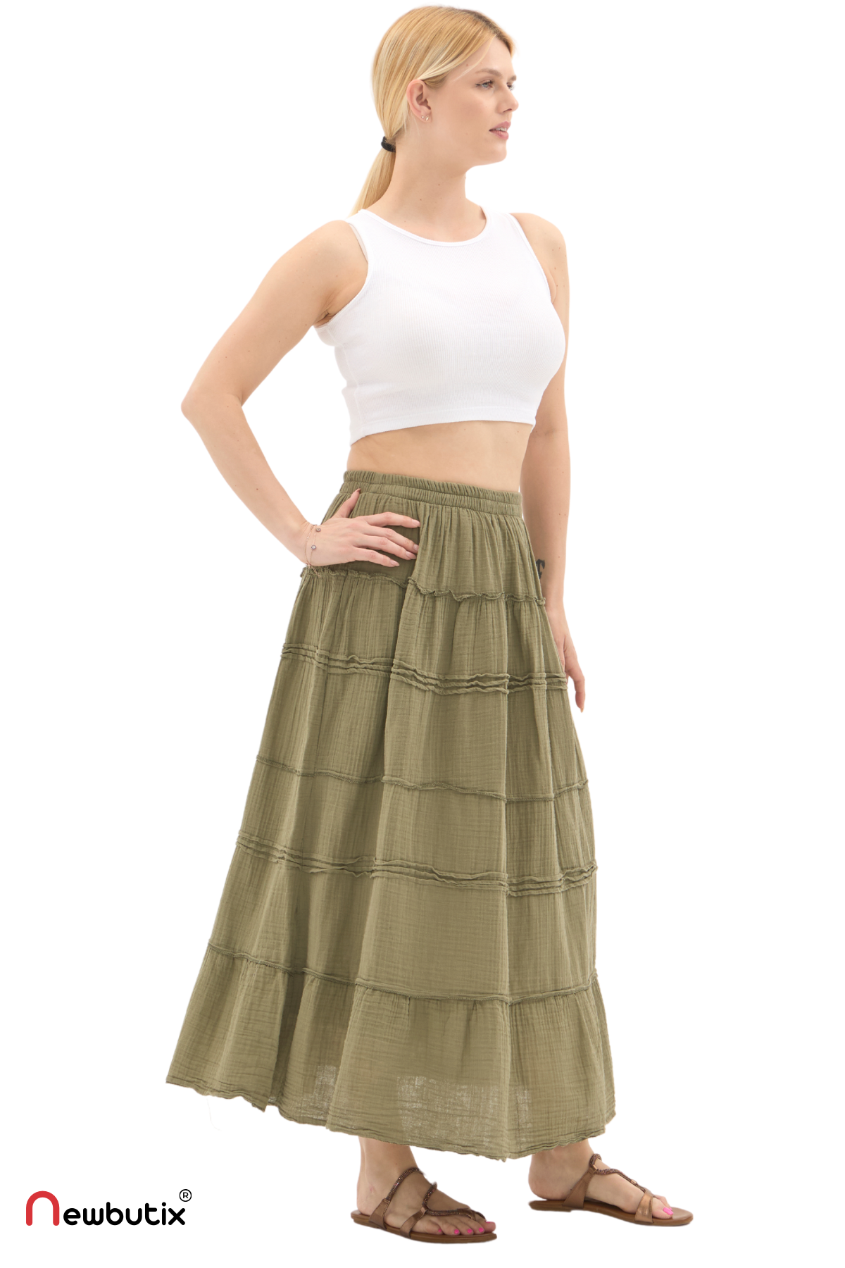 Haki Müslin Uzun Yazlık Etek