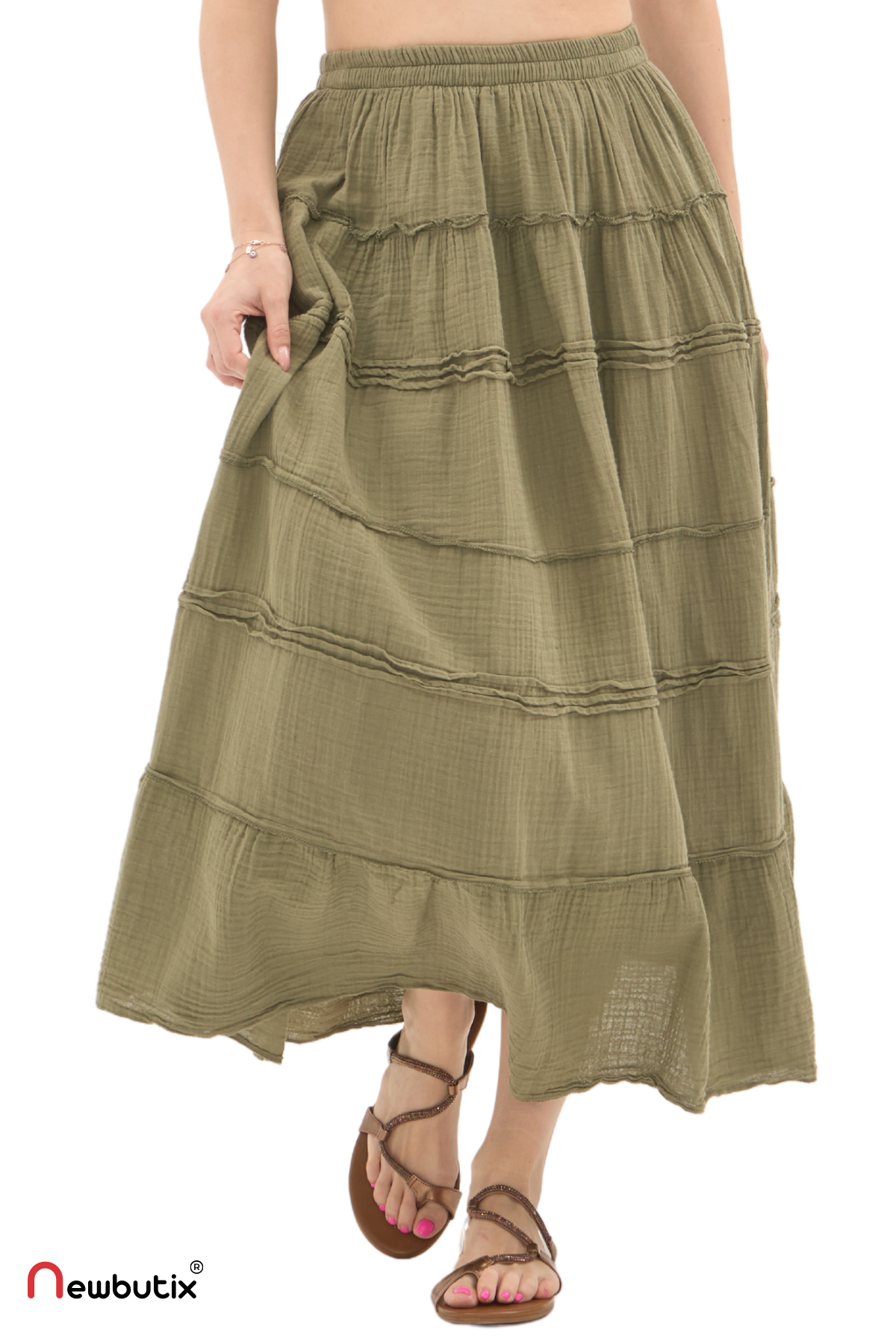 Haki Müslin Uzun Yazlık Etek