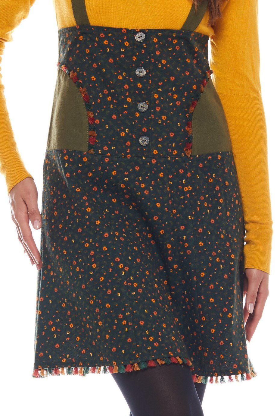 Haki Salopet Desenli Kısa Etek