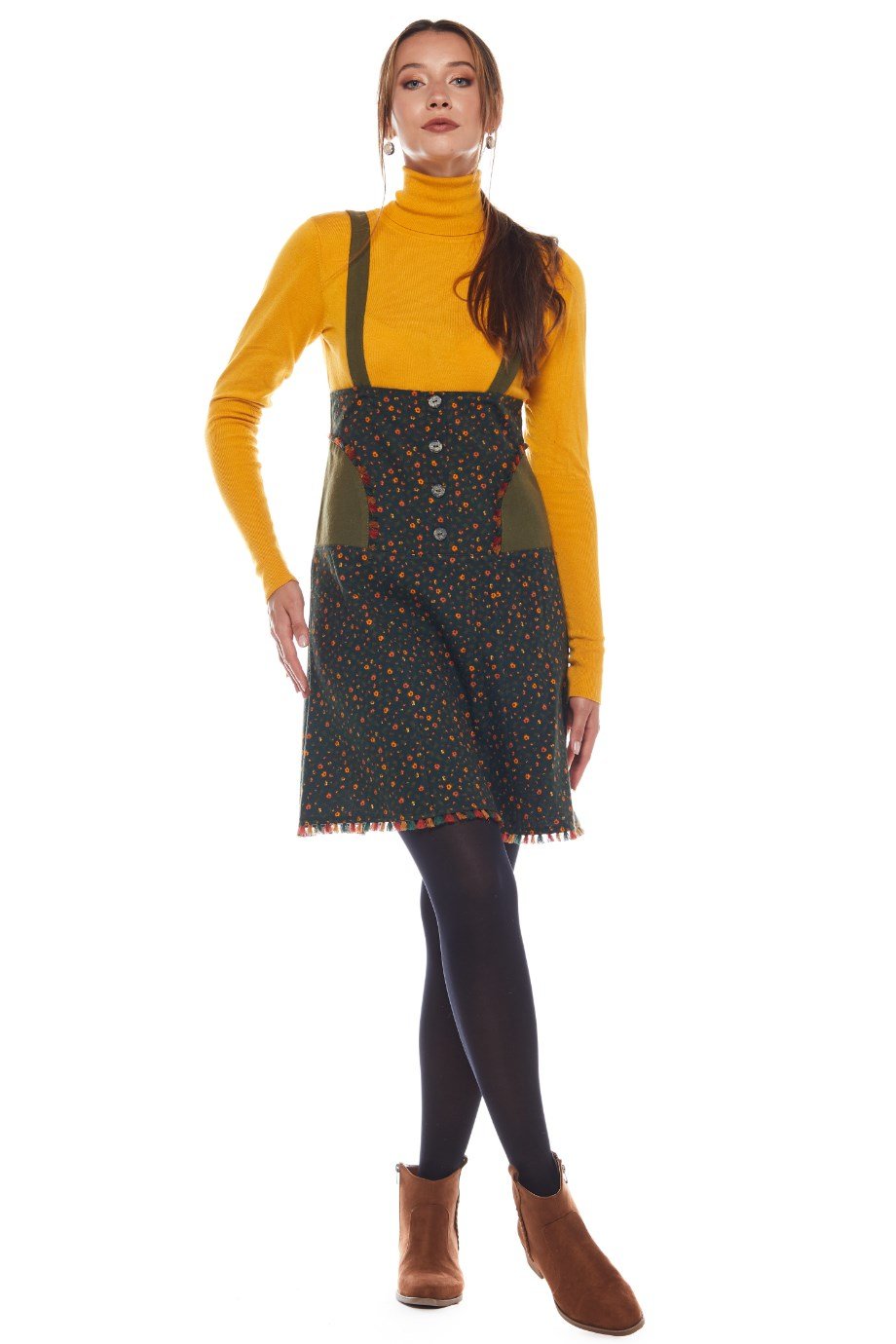 Haki Salopet Desenli Kısa Etek