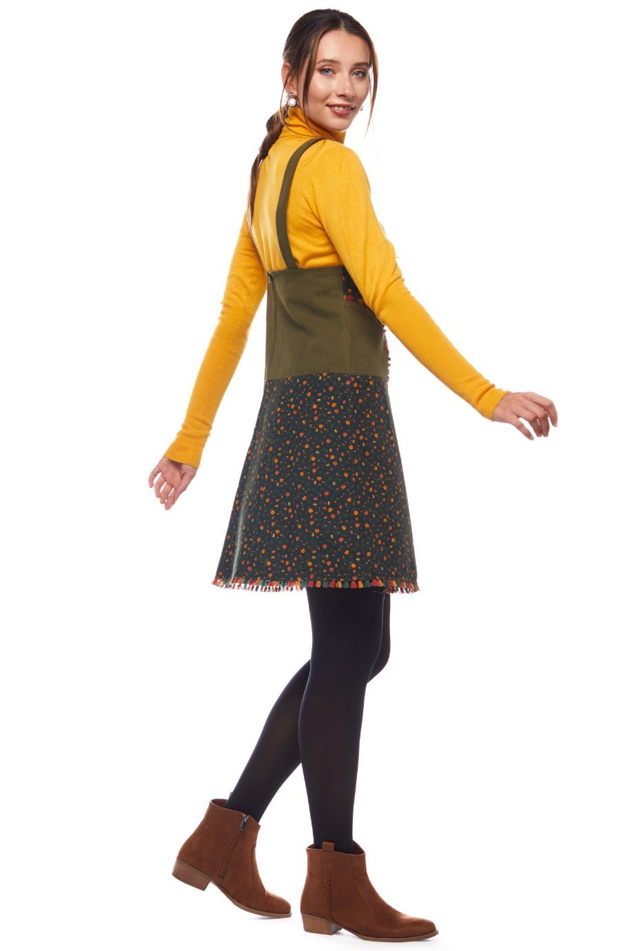 Haki Salopet Desenli Kısa Etek