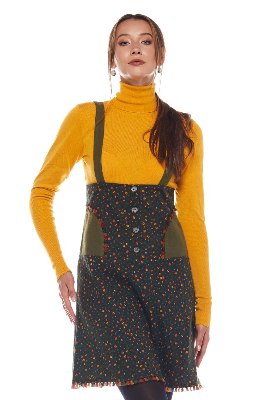 Haki Salopet Desenli Kısa Etek