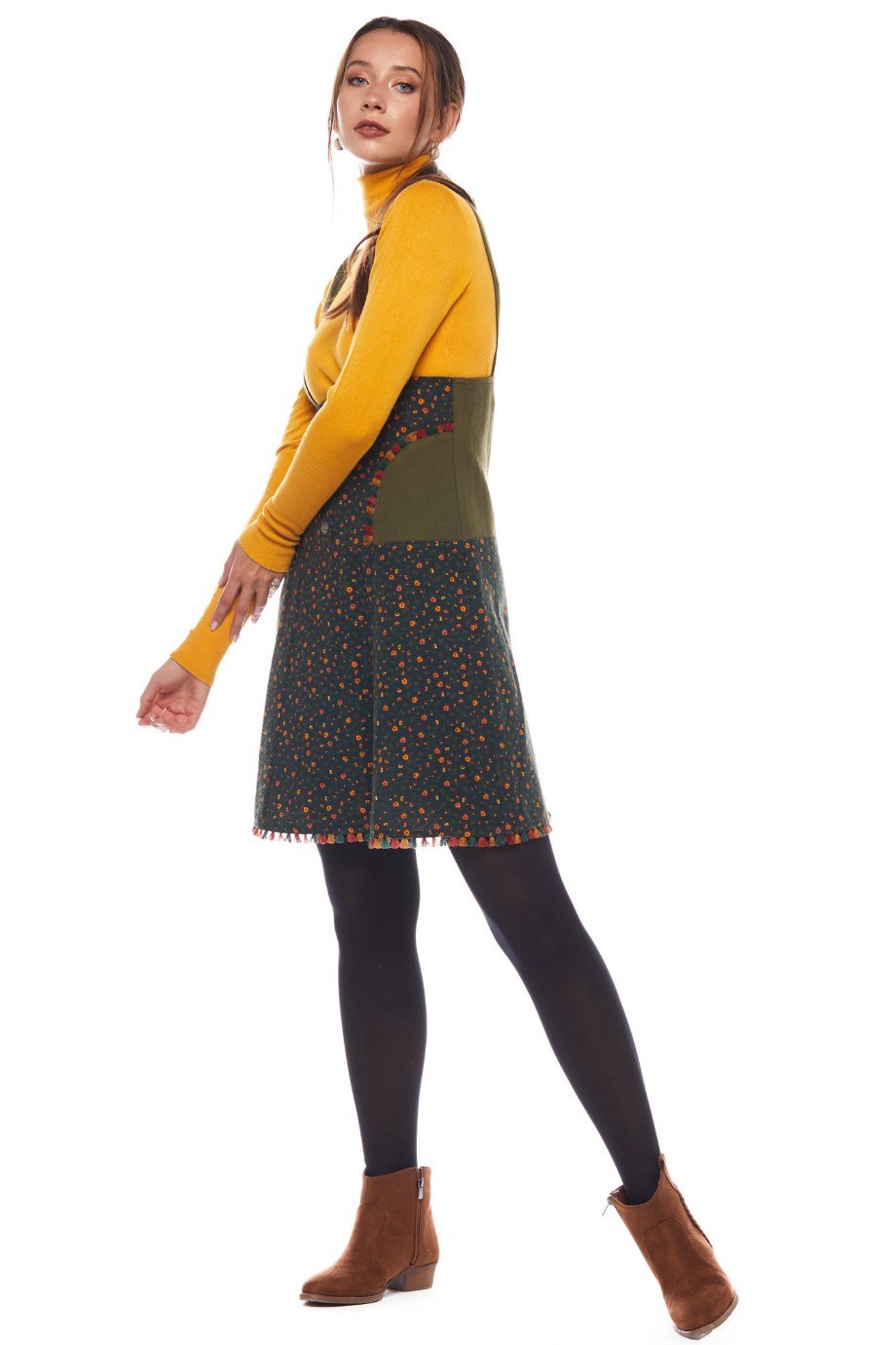 Haki Salopet Desenli Kısa Etek