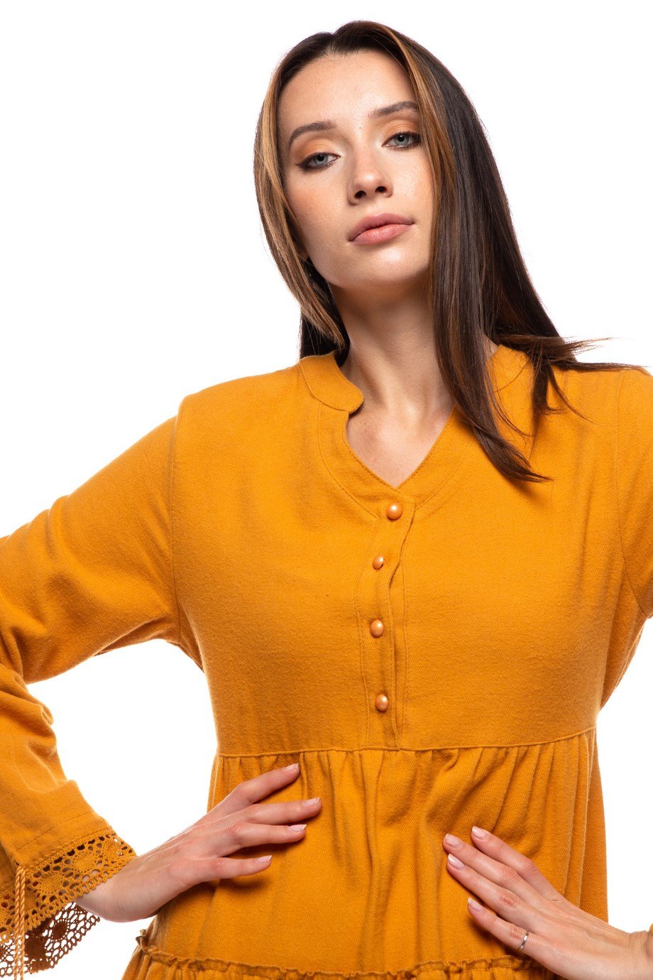 Hardal Düz Desen Kısa Elbise