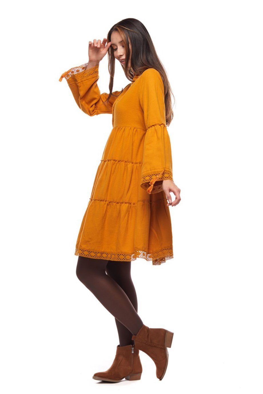 Hardal Düz Desen Kısa Elbise