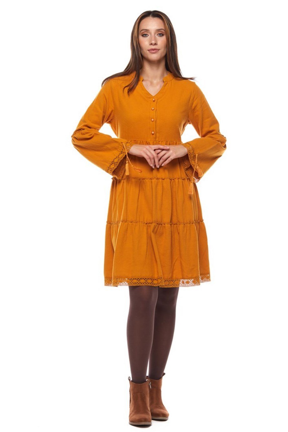 Hardal Düz Desen Kısa Elbise