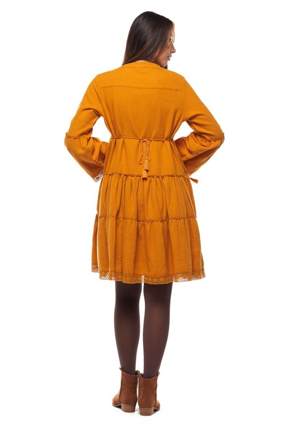 Hardal Düz Desen Kısa Elbise