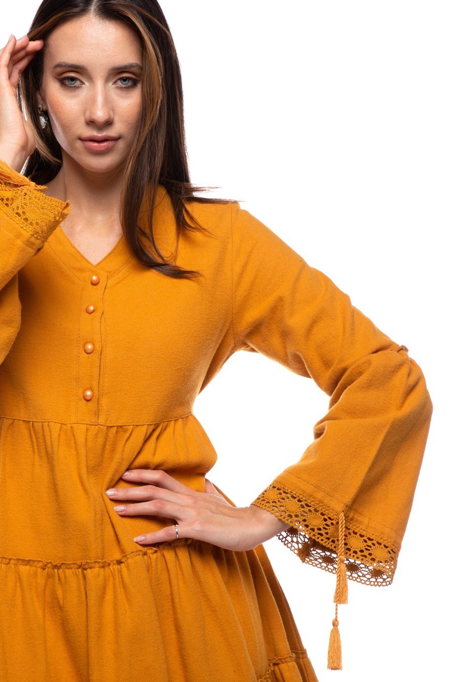 Hardal Düz Desen Kısa Elbise