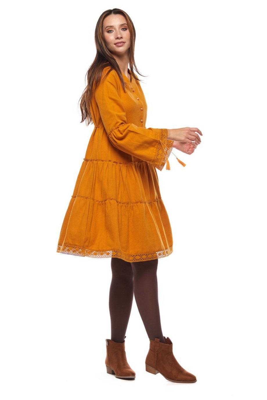 Hardal Düz Desen Kısa Elbise