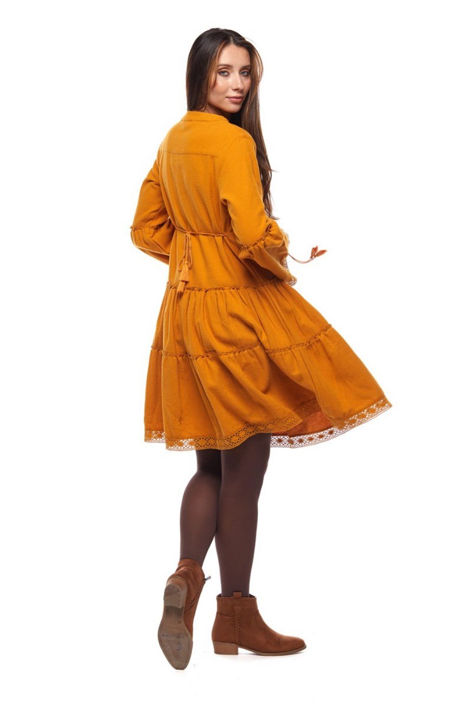 Hardal Düz Desen Kısa Elbise