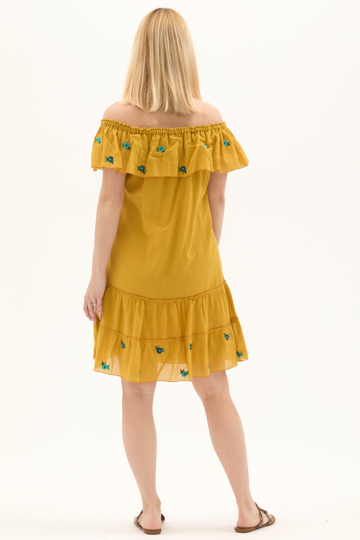 Hardal Kısa Kol Vual Nakışlı Kısa Yazlık Elbise