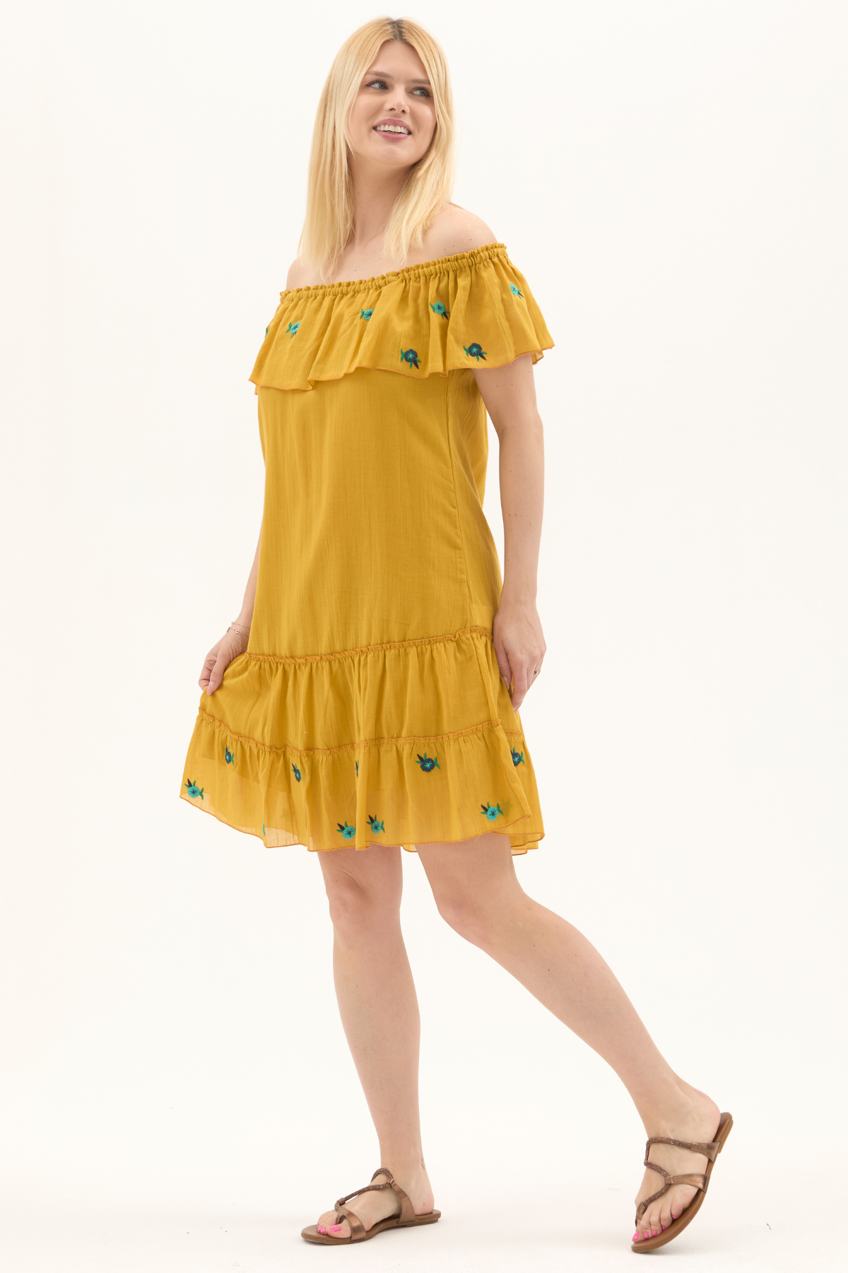 Hardal Kısa Kol Vual Nakışlı Kısa Yazlık Elbise