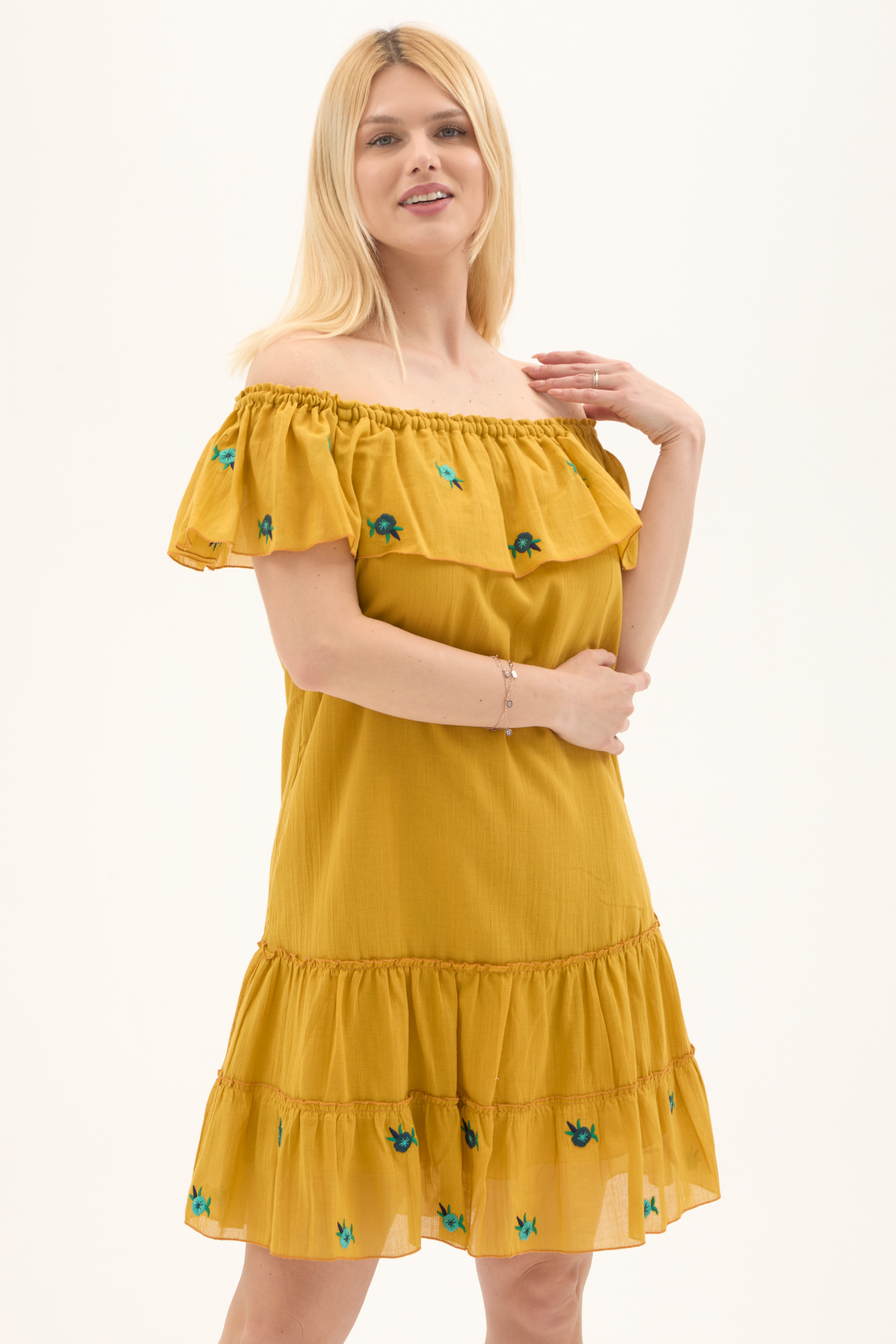 Hardal Kısa Kol Vual Nakışlı Kısa Yazlık Elbise