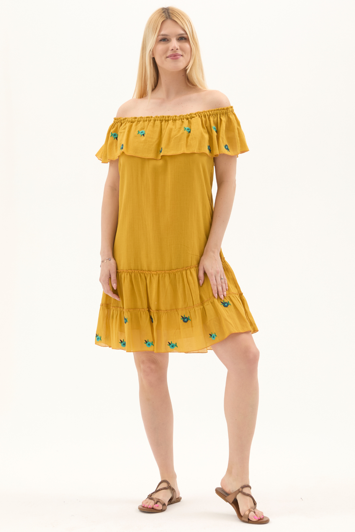 Hardal Kısa Kol Vual Nakışlı Kısa Yazlık Elbise