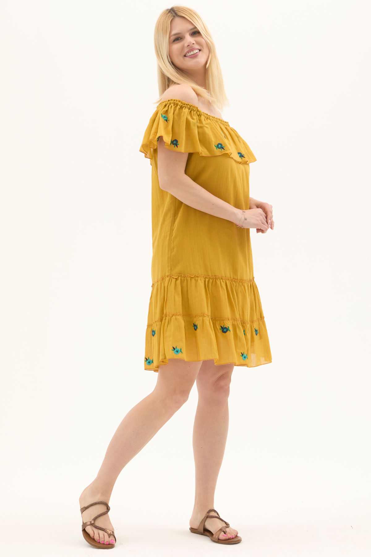 Hardal Kısa Kol Vual Nakışlı Kısa Yazlık Elbise