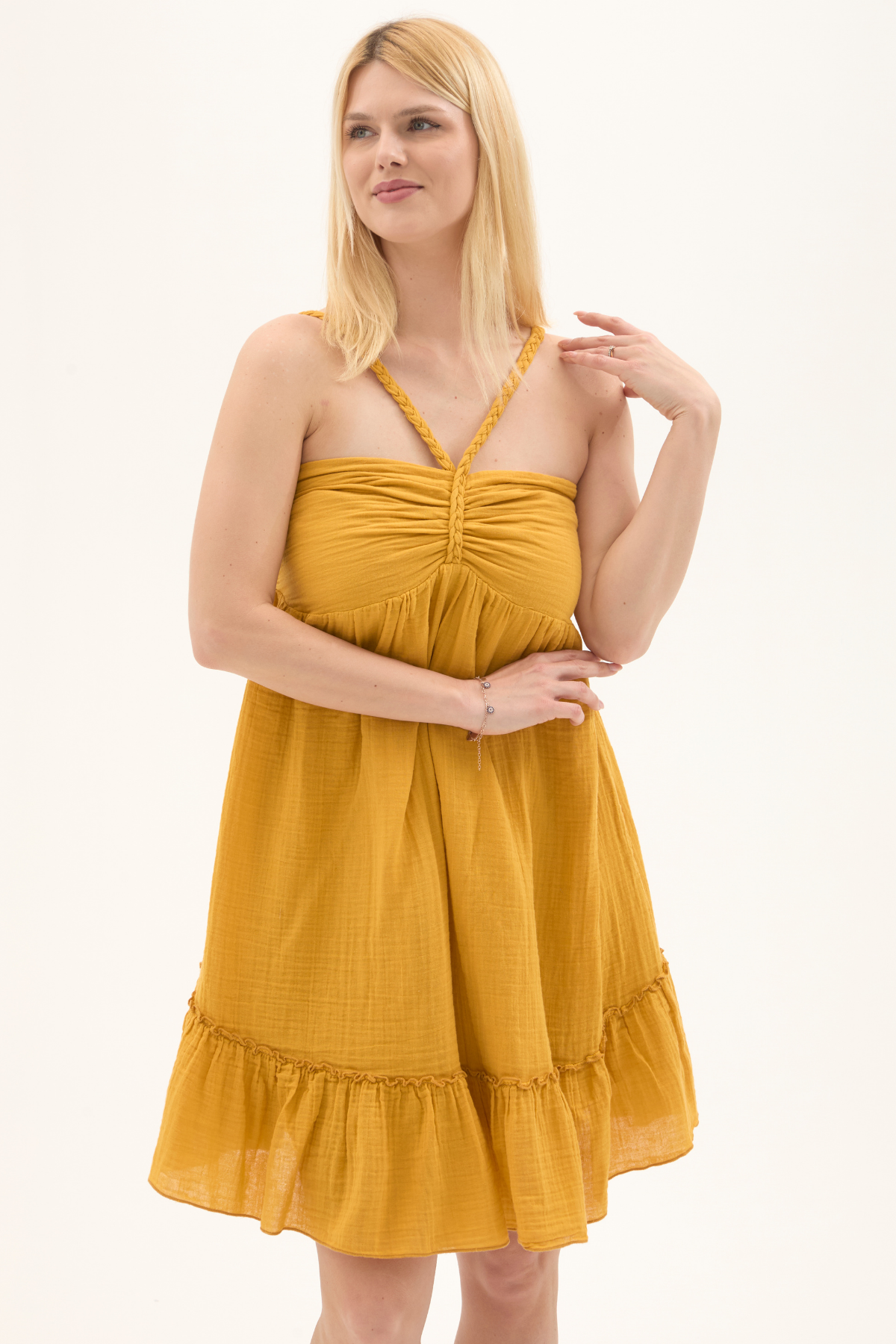 Hardal Müslin Boyundan Bağlamalı Kısa Yazlık Elbise