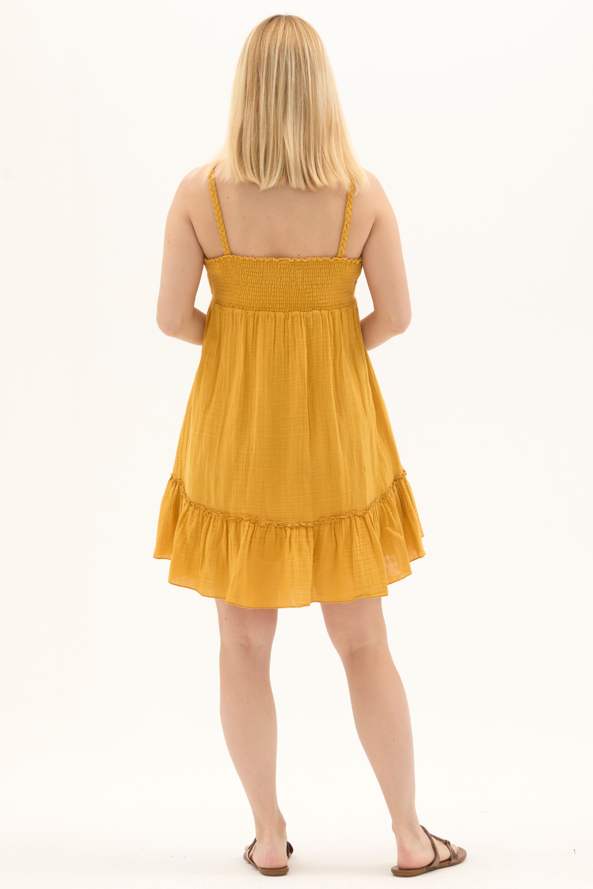 Hardal Müslin Boyundan Bağlamalı Kısa Yazlık Elbise