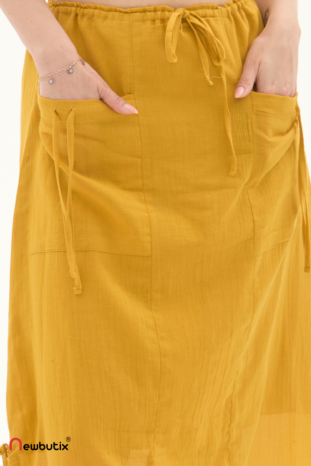 Hardal Vual Bağlama Detay Midi Boy Yazlık Etek