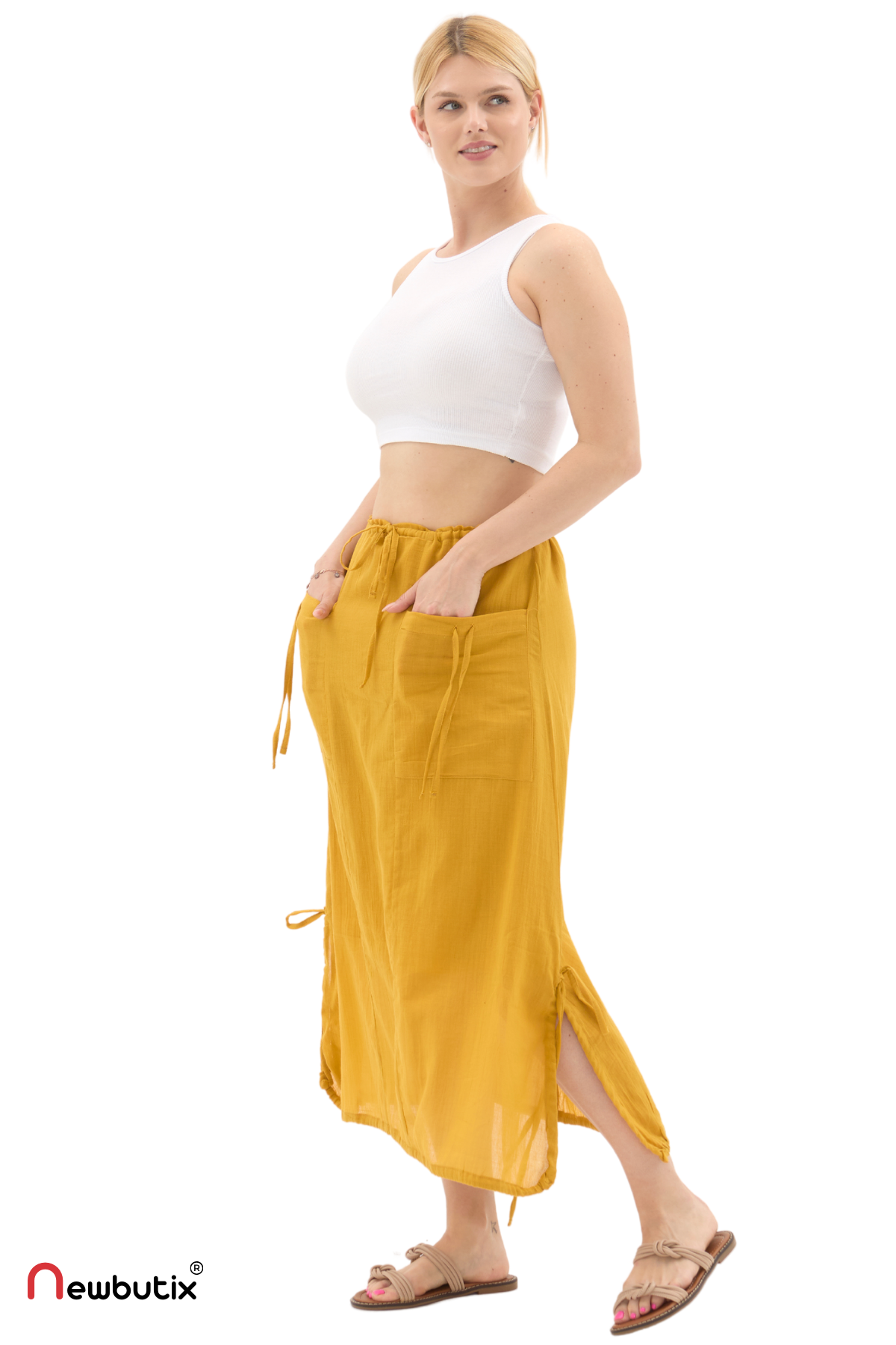 Hardal Vual Bağlama Detay Midi Boy Yazlık Etek