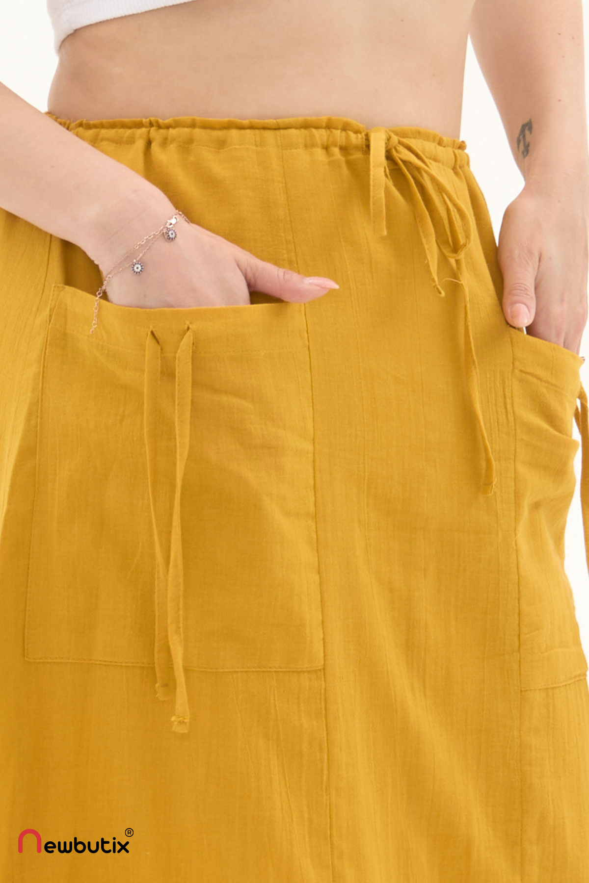 Hardal Vual Bağlama Detay Midi Boy Yazlık Etek
