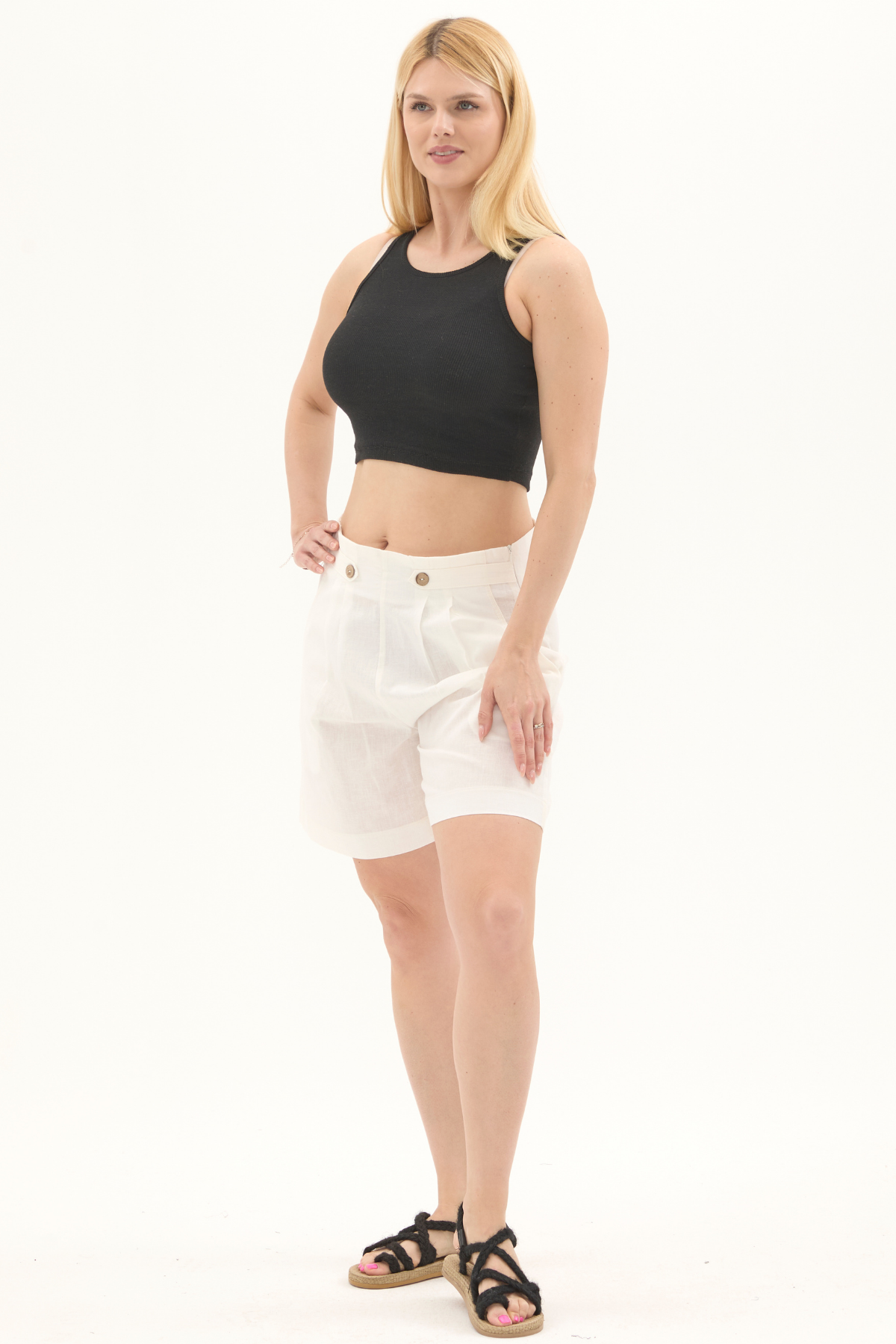 Keten Düğmeli Beyaz Yazlık Şort