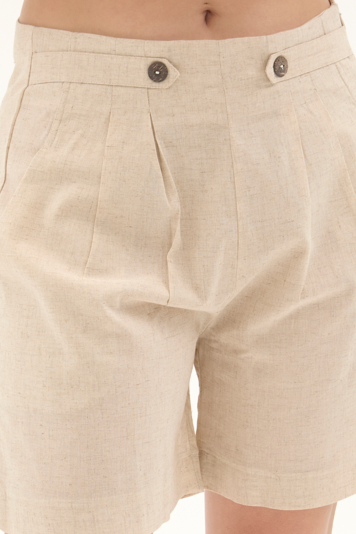 Keten Düğmeli Krem Yazlık Şort