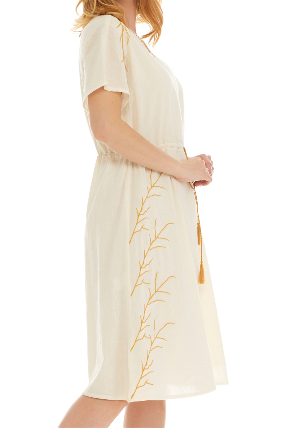 Kısa Kol Şile Bezi Krem Midi Boy Elbise 