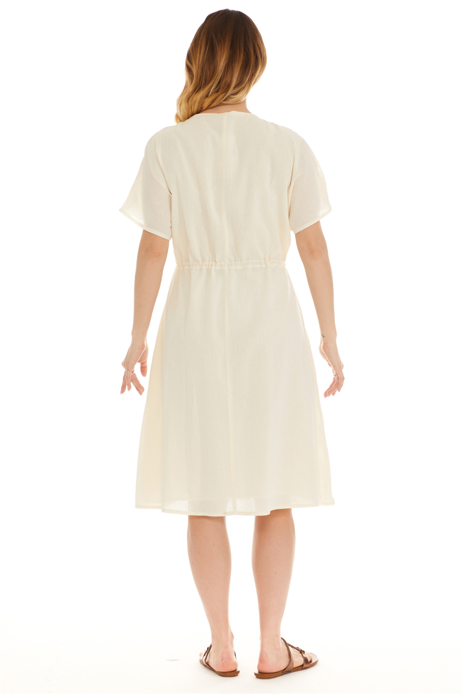 Kısa Kol Şile Bezi Krem Midi Boy Elbise 