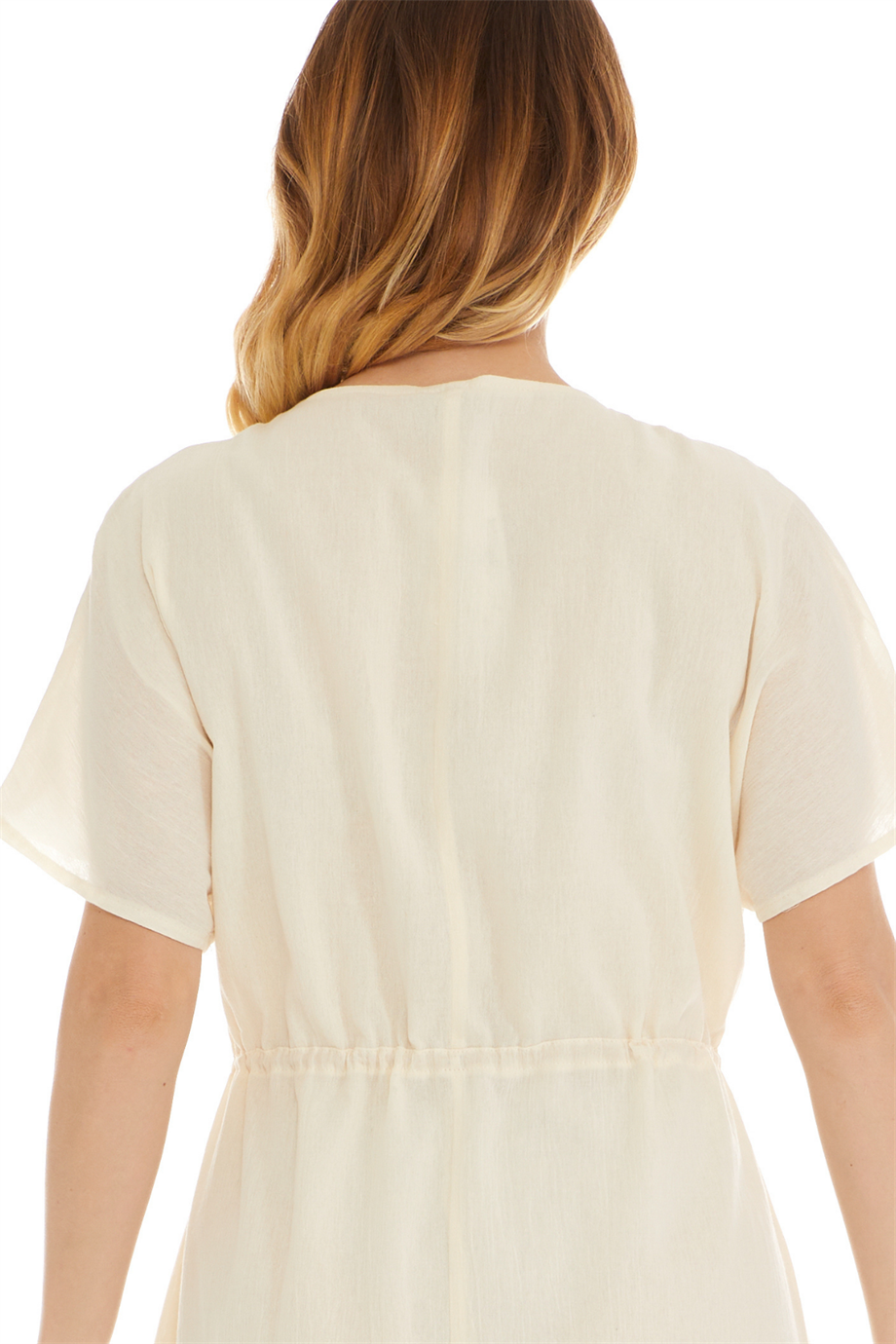 Kısa Kol Şile Bezi Krem Midi Boy Elbise 