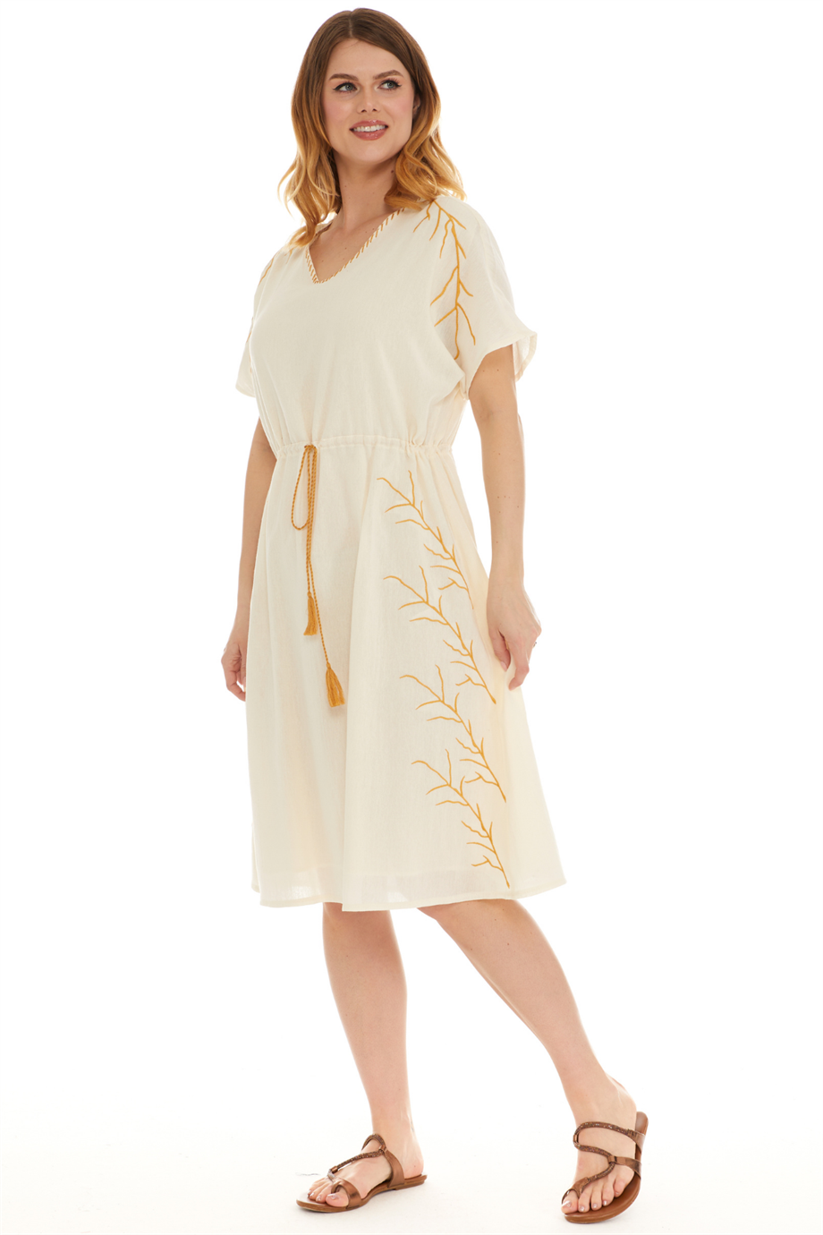 Kısa Kol Şile Bezi Krem Midi Boy Elbise 