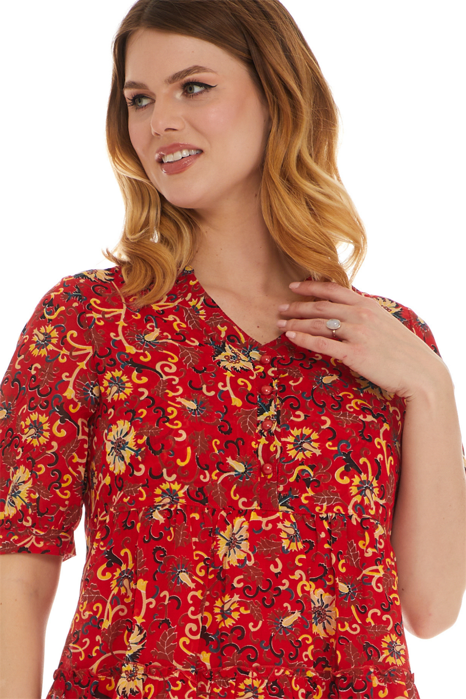 Kısa Kol Vual Kırmızı Kısa Elbise