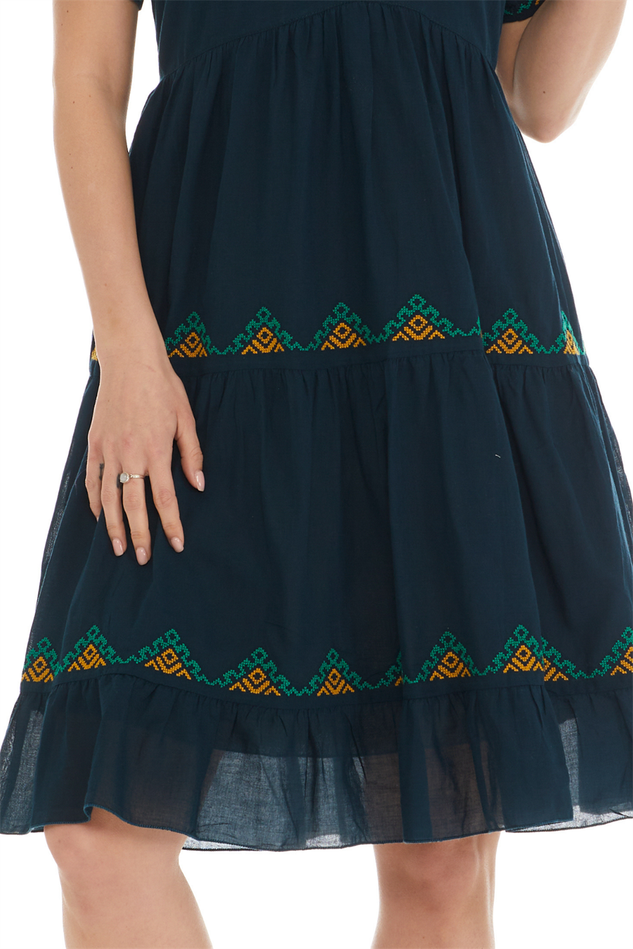 Kısa Kol Vual Petrol İşlemeli Midi Boy Elbise