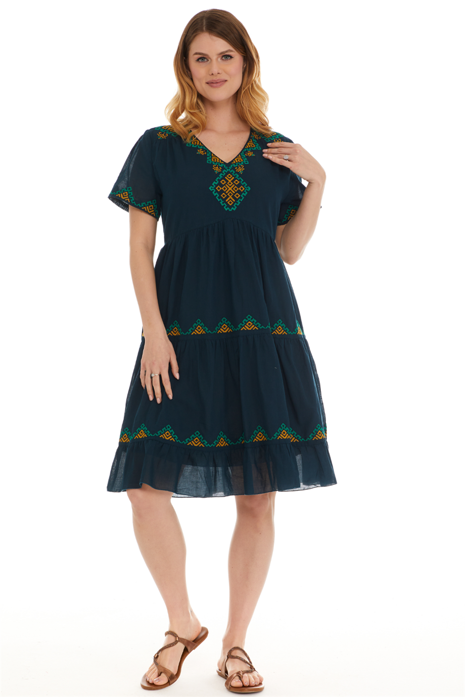 Kısa Kol Vual Petrol İşlemeli Midi Boy Elbise