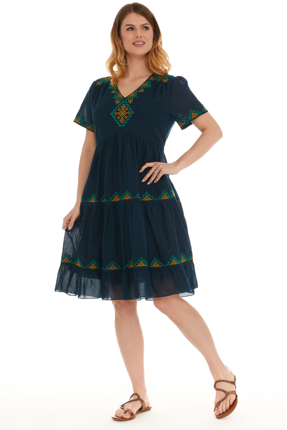 Kısa Kol Vual Petrol İşlemeli Midi Boy Elbise