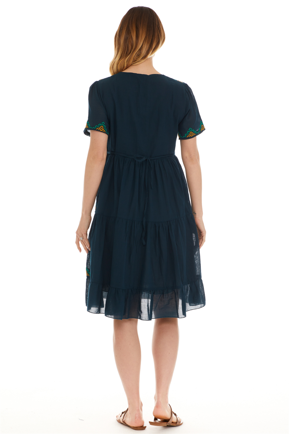 Kısa Kol Vual Petrol İşlemeli Midi Boy Elbise