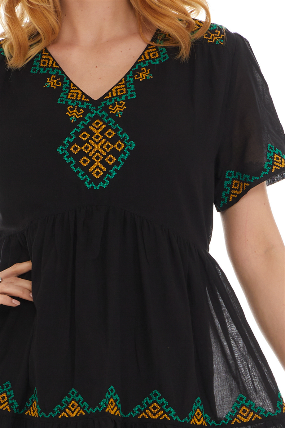 Kısa Kol Vual Siyah İşlemeli Midi Boy Elbise