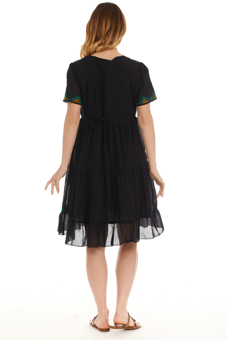 Kısa Kol Vual Siyah İşlemeli Midi Boy Elbise