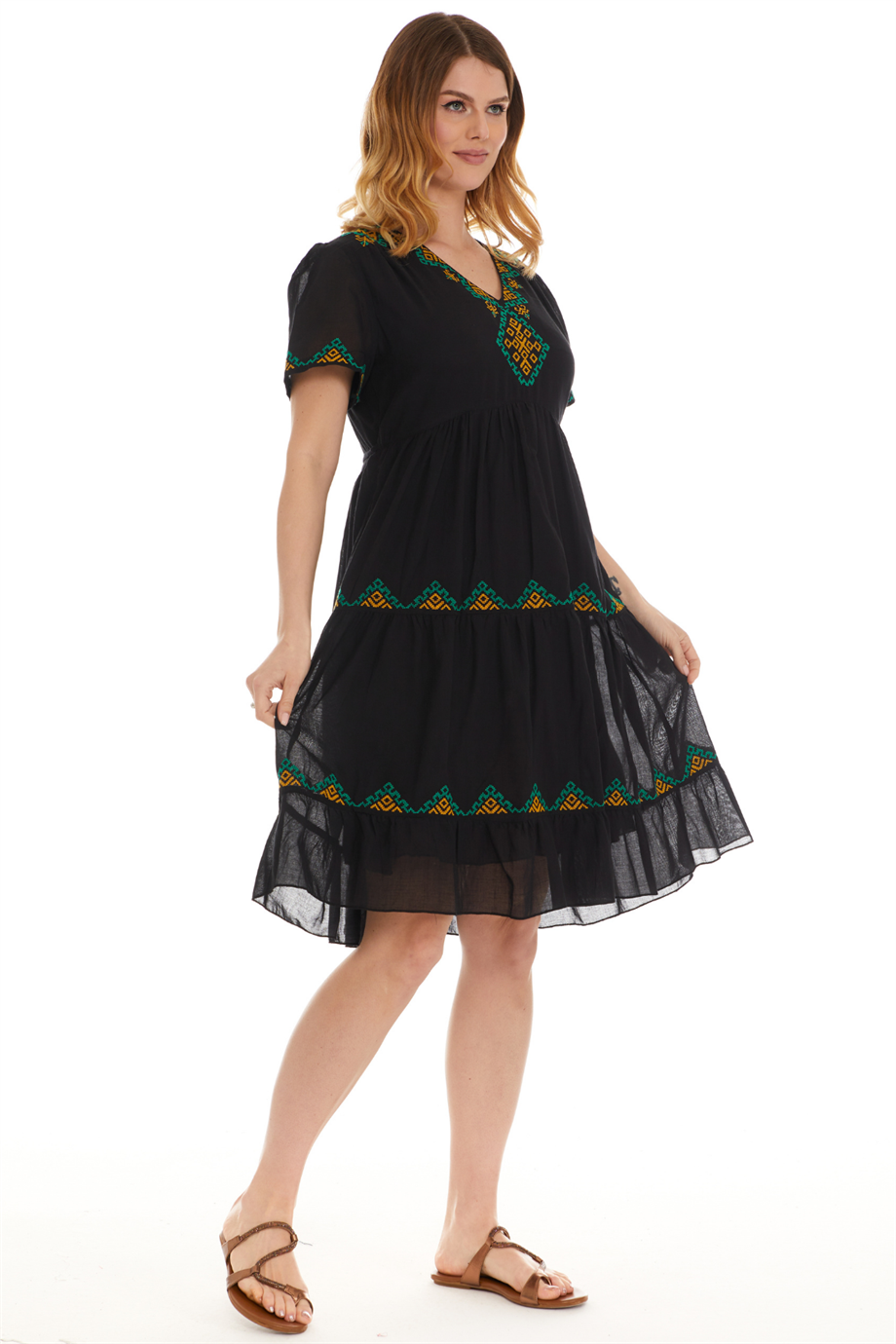 Kısa Kol Vual Siyah İşlemeli Midi Boy Elbise