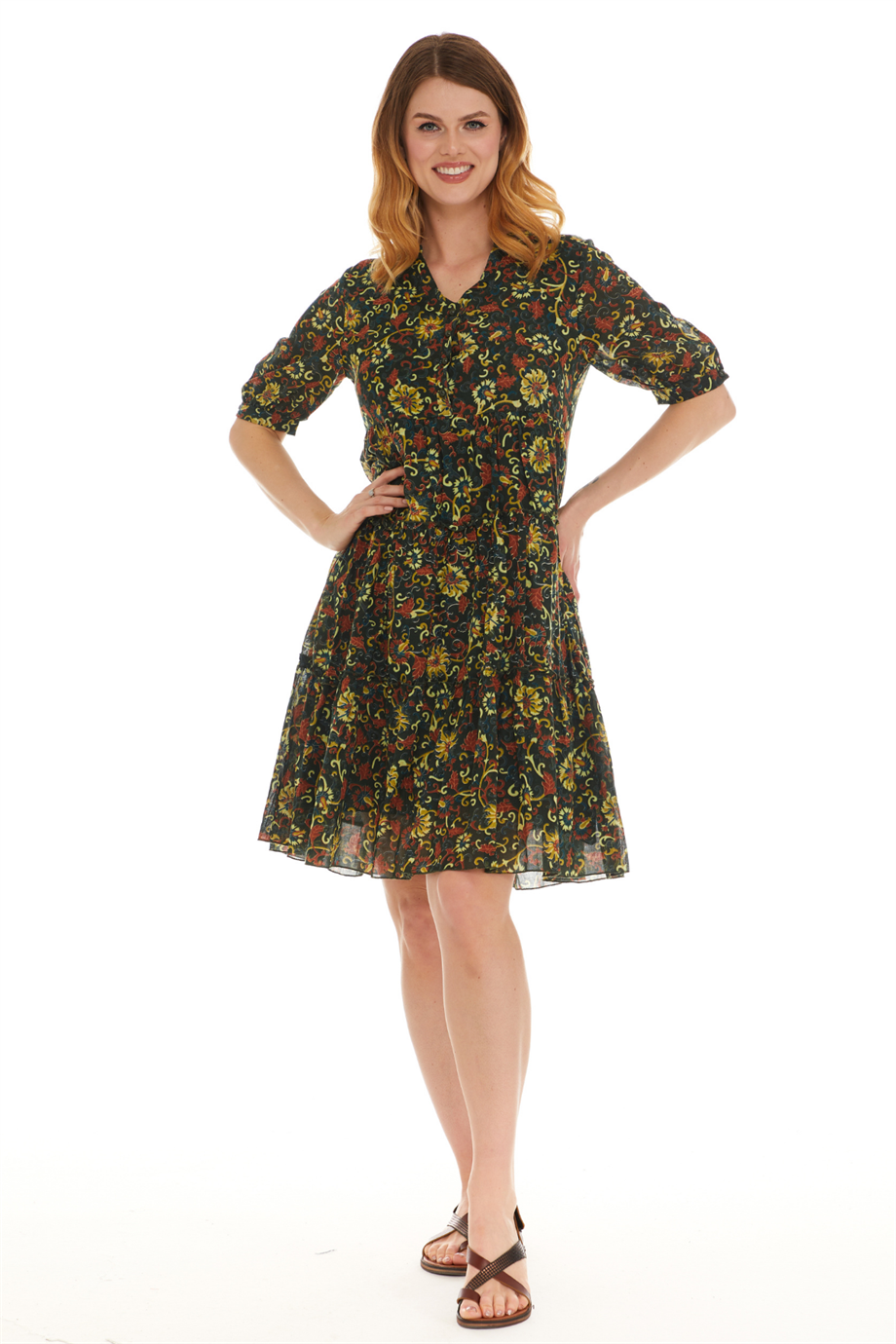 Kısa Kol Vual Yeşil Kısa Elbise