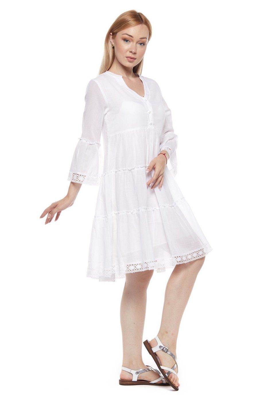 Kısa Kollu Beyaz Düğmeli Elbise